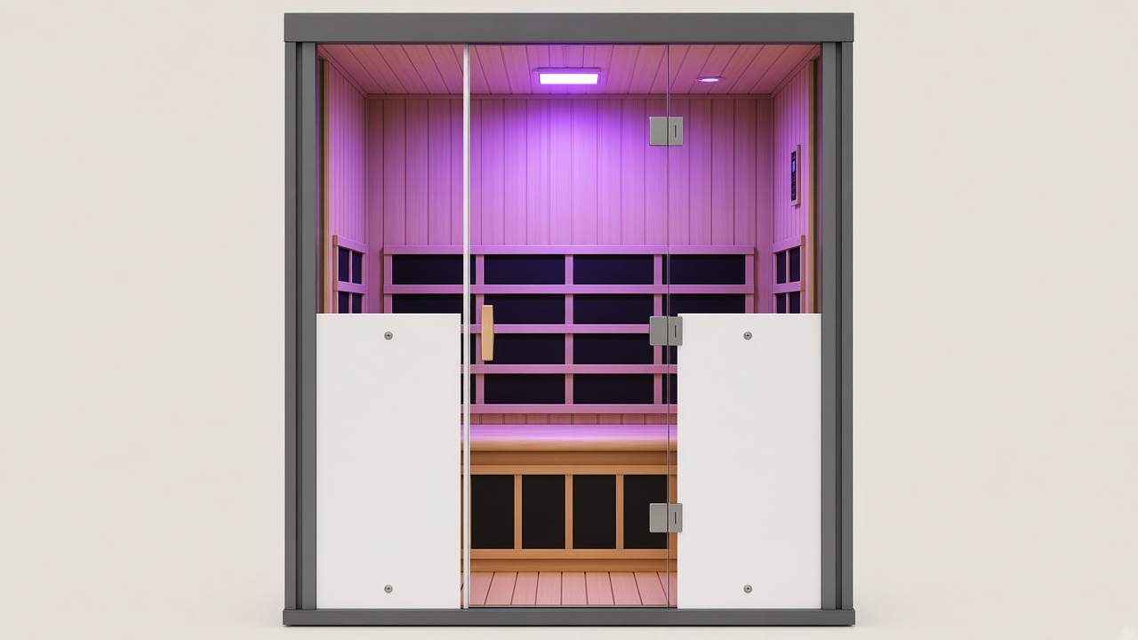 Halo infrared sauna cabin with purple chromotherapy lighting